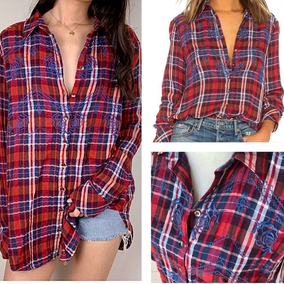 Free People Embroidered Magical Plaid Buttondown Top - Picture 1 of 11